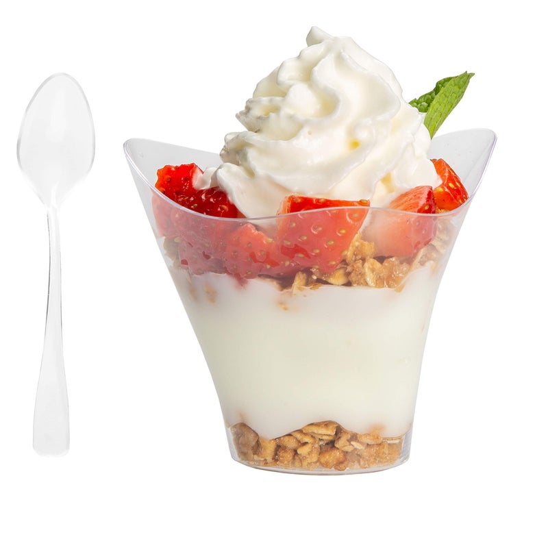 Ilyapa 3.5oz Plastic Dessert Cups - 100 Pack Mini Dessert Cups with Spoons - Clear Reusable Small Appetizer Cup for Cheesecake Shooters, Chocolate Mousse - Party and Catering Supplies - Parfait - Image 1